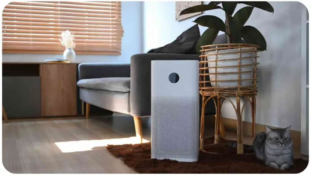 a air purifier sitting on the floor next to a couch