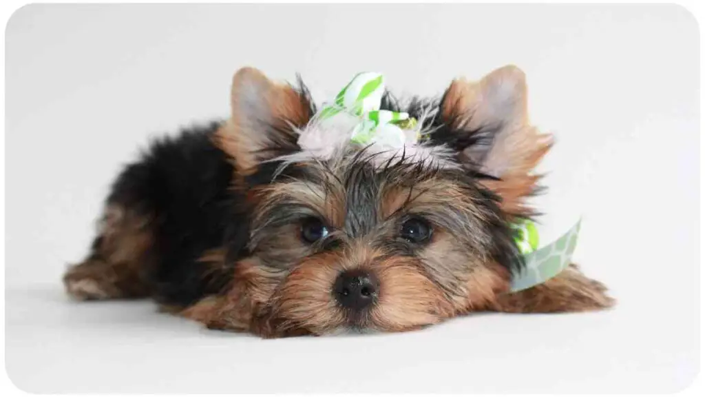 a small dog with a green bow on its head