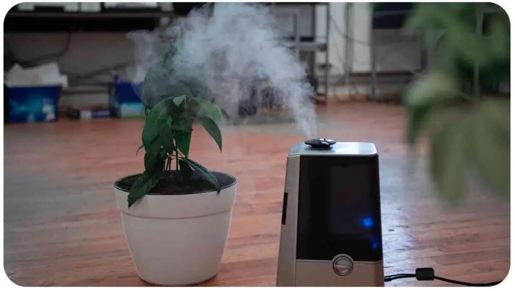 a humidifier and a potted plant next to each other on a wooden floor