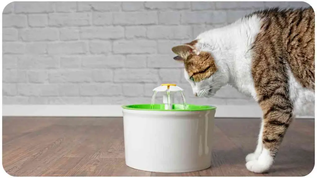 a cat drinking from a water fountain in front of a white brick wall
