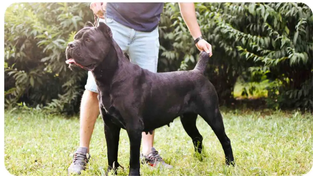 a person standing next to a large black dog