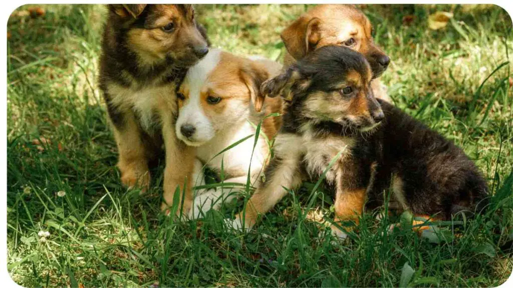four puppies are sitting in the grass together