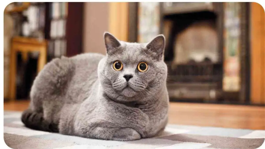 a gray cat laying on a rug in front of a fireplace