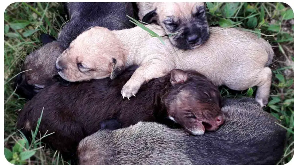 a group of puppies sleeping together in the grass