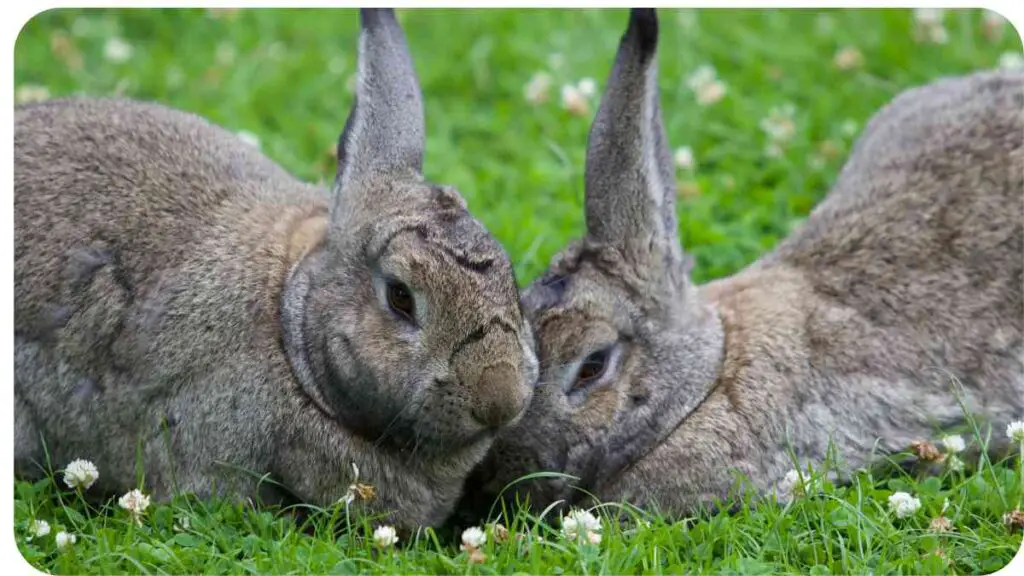 two rabbits laying in the grass together