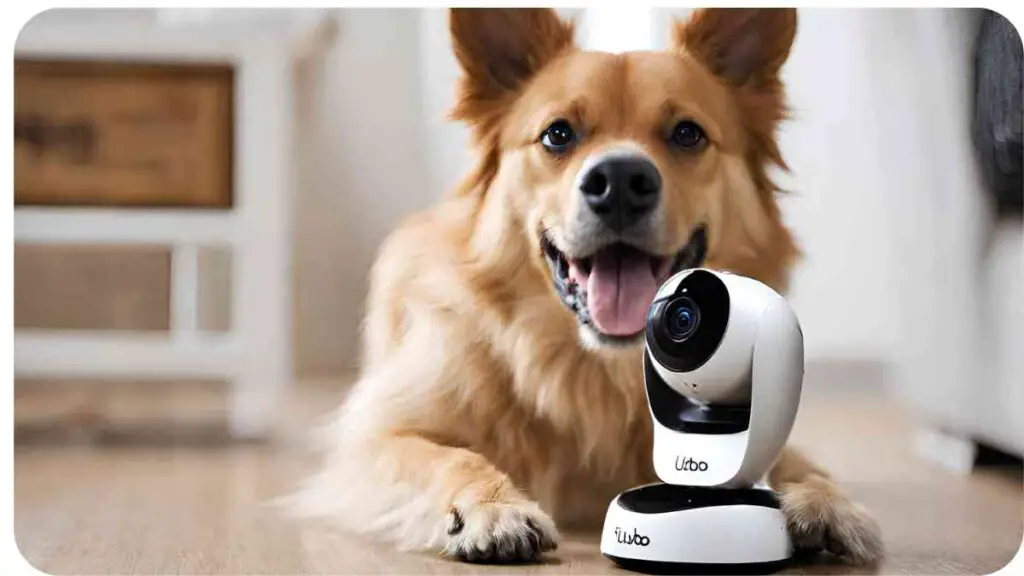 a dog sitting on the floor next to a camera
