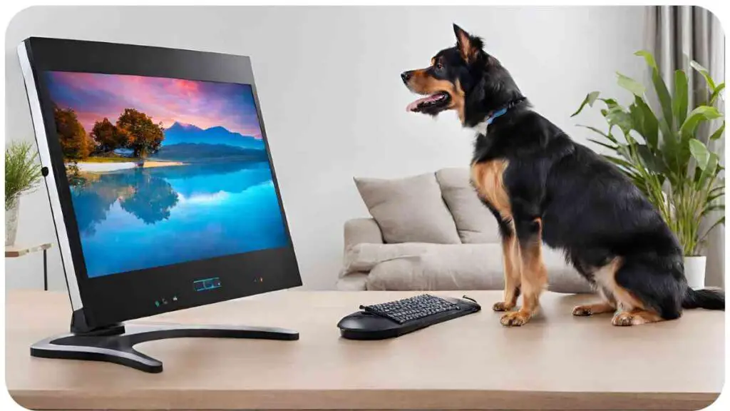 a dog sitting in front of a computer monitor
