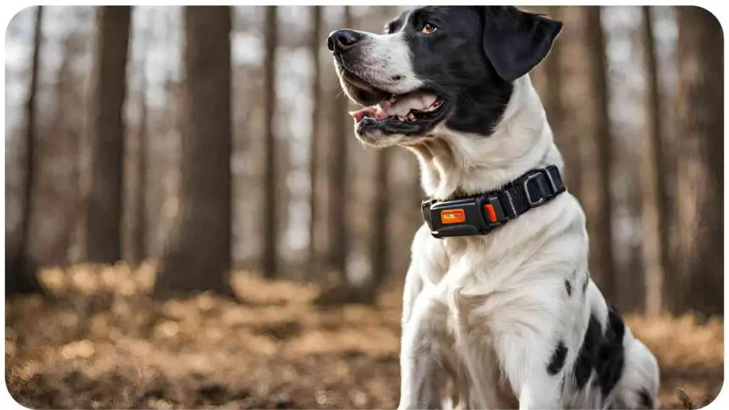 a black and white dog with an orange collar sitting in the woods