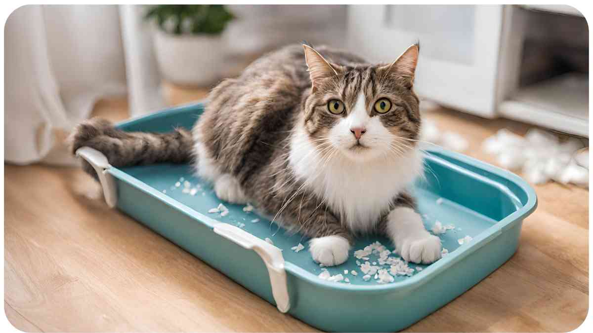 a cat sitting in a litter tray on the floor