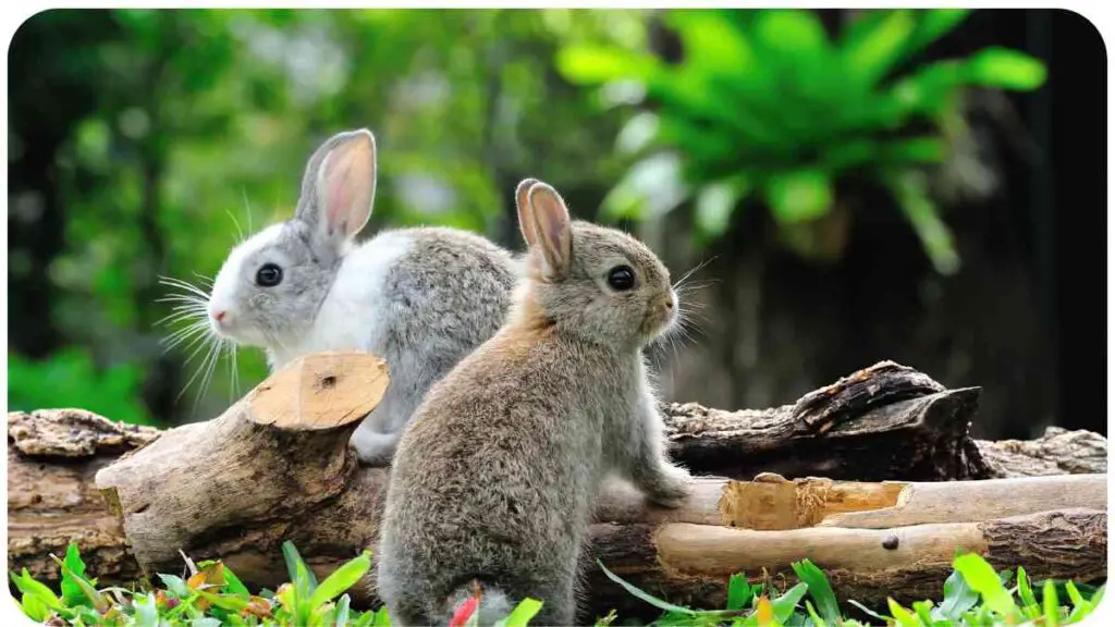 two rabbits sitting on a log in the grass