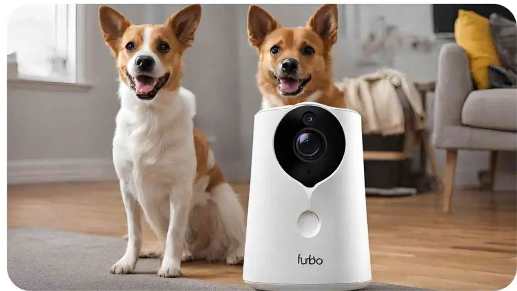 two dogs sitting next to a smart home security camera