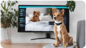 a dog sitting on top of a pet scale in front of a tv