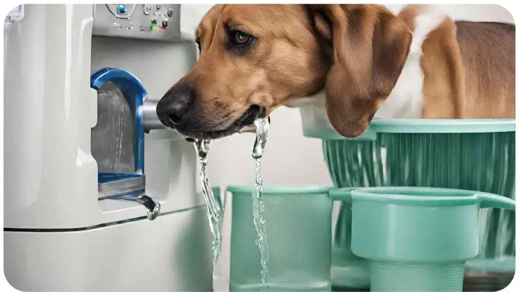 a dog drinking water from a water dispenser
