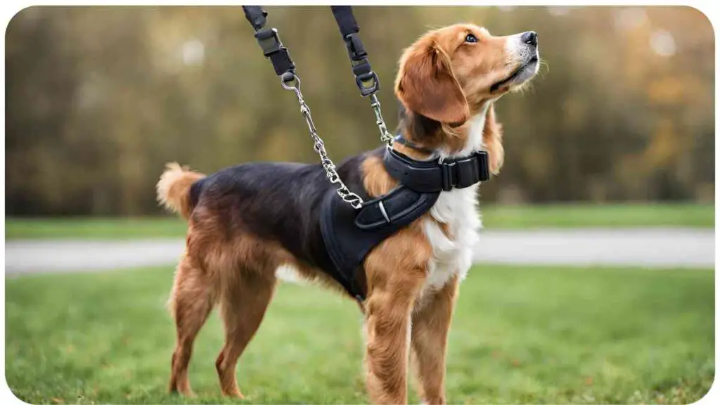 a dog wearing a harness on a leash in the grass