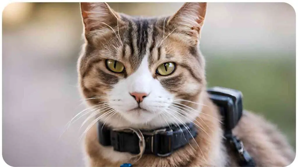 a close up of a cat wearing a collar