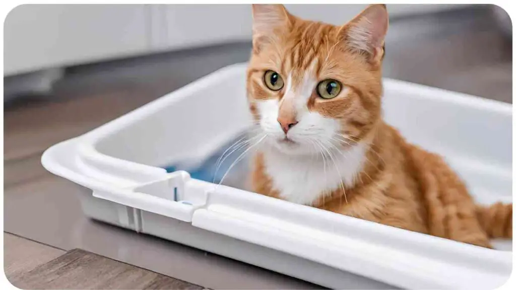 an orange and white cat sitting in a litter box