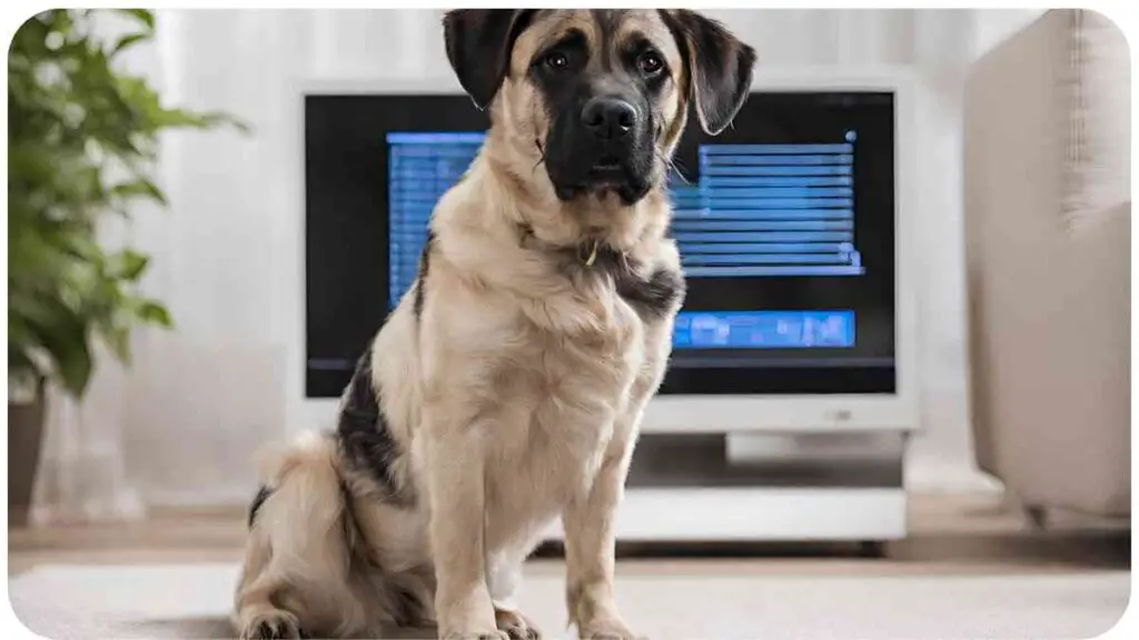 a dog sitting on the floor in front of a tv