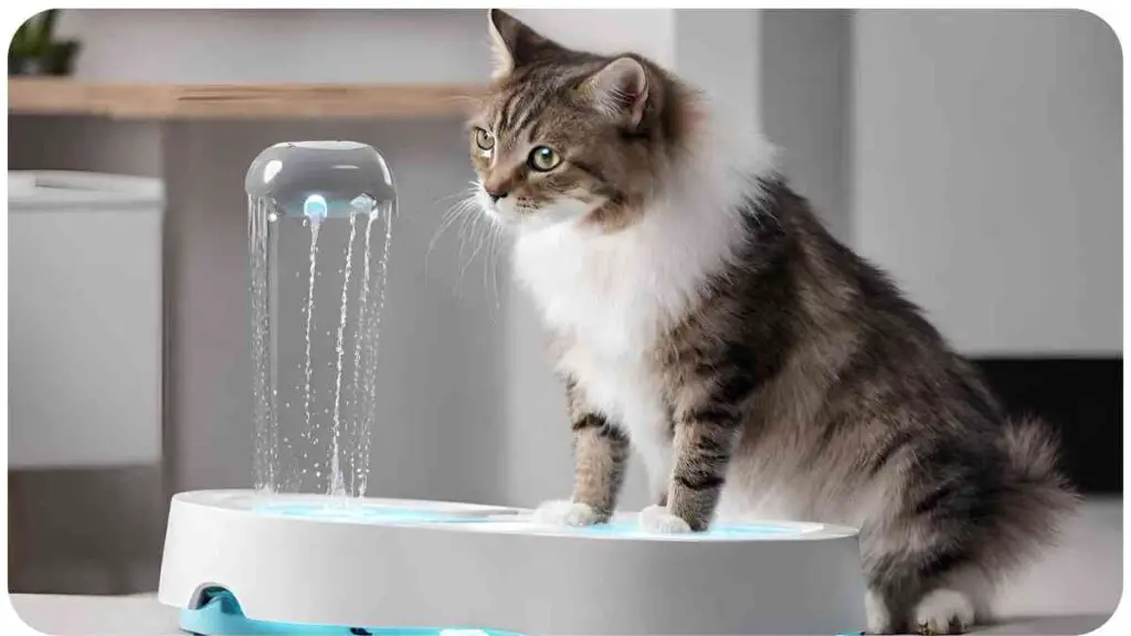 a cat sitting on top of a water fountain