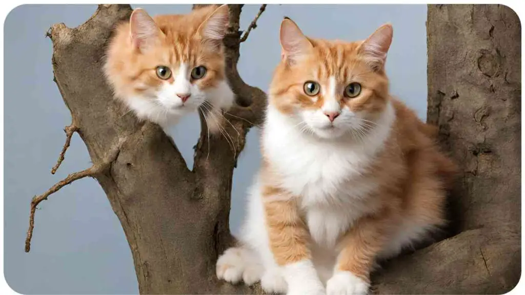two orange and white cats sitting in a tree